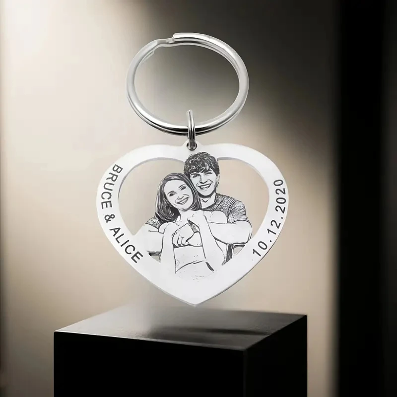 سلسلة مفاتيح على شكل قلب من الفولاذ المقاوم للصدأ مخصصة للنساء صورة مخصصة وحلقة مفاتيح اسم محفورة، عائلة، ذكرى المشاعر للأزواج #6