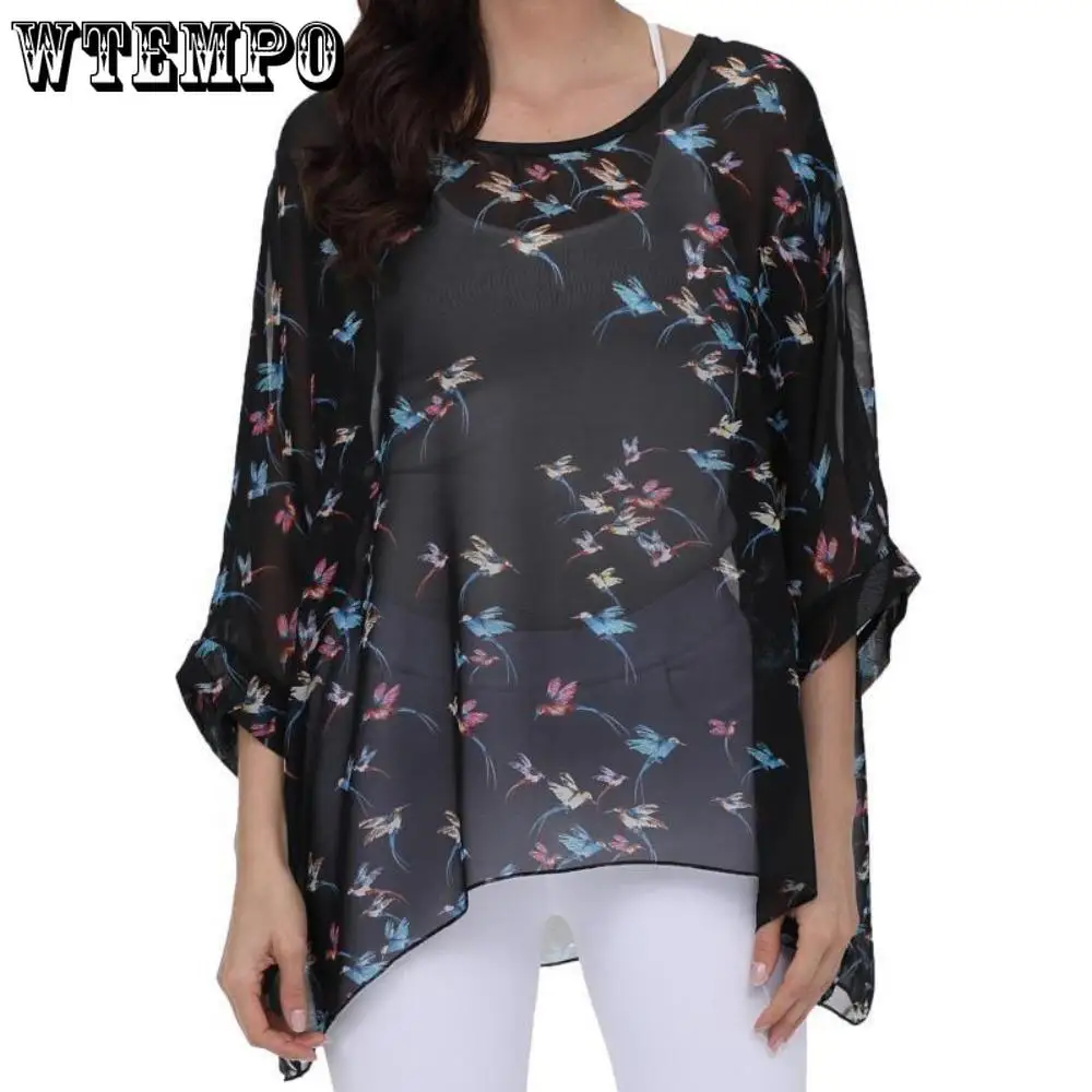 Plus Size Floral Chiffon Tunics Blouses for Women Batwing Summer Boho Shirts Beach Cover ups