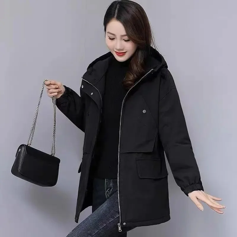 2025 New Women Windbreaker Pike Outcoat Women\'s Fleece Jacket Loose Hooded Winter Warm Parkas Overcoat Zipper Female Basic Coat