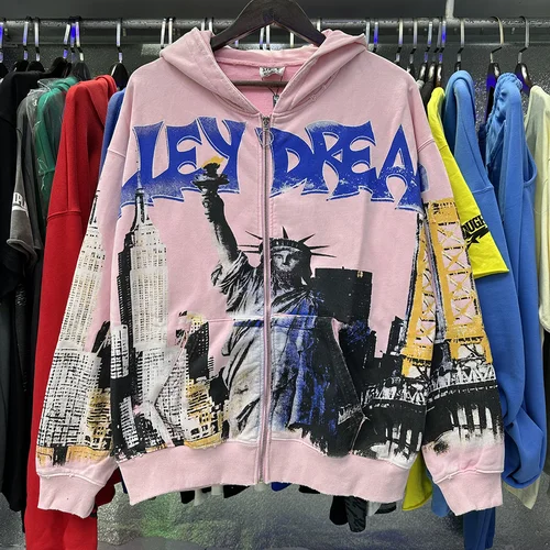Imagen 1 del producto Sudadera con capucha y cremallera lavada con estampado de diosa de la libertad para hombres y mujeres, cárdigan de calle, sudadera holgada de algodón, chaqueta