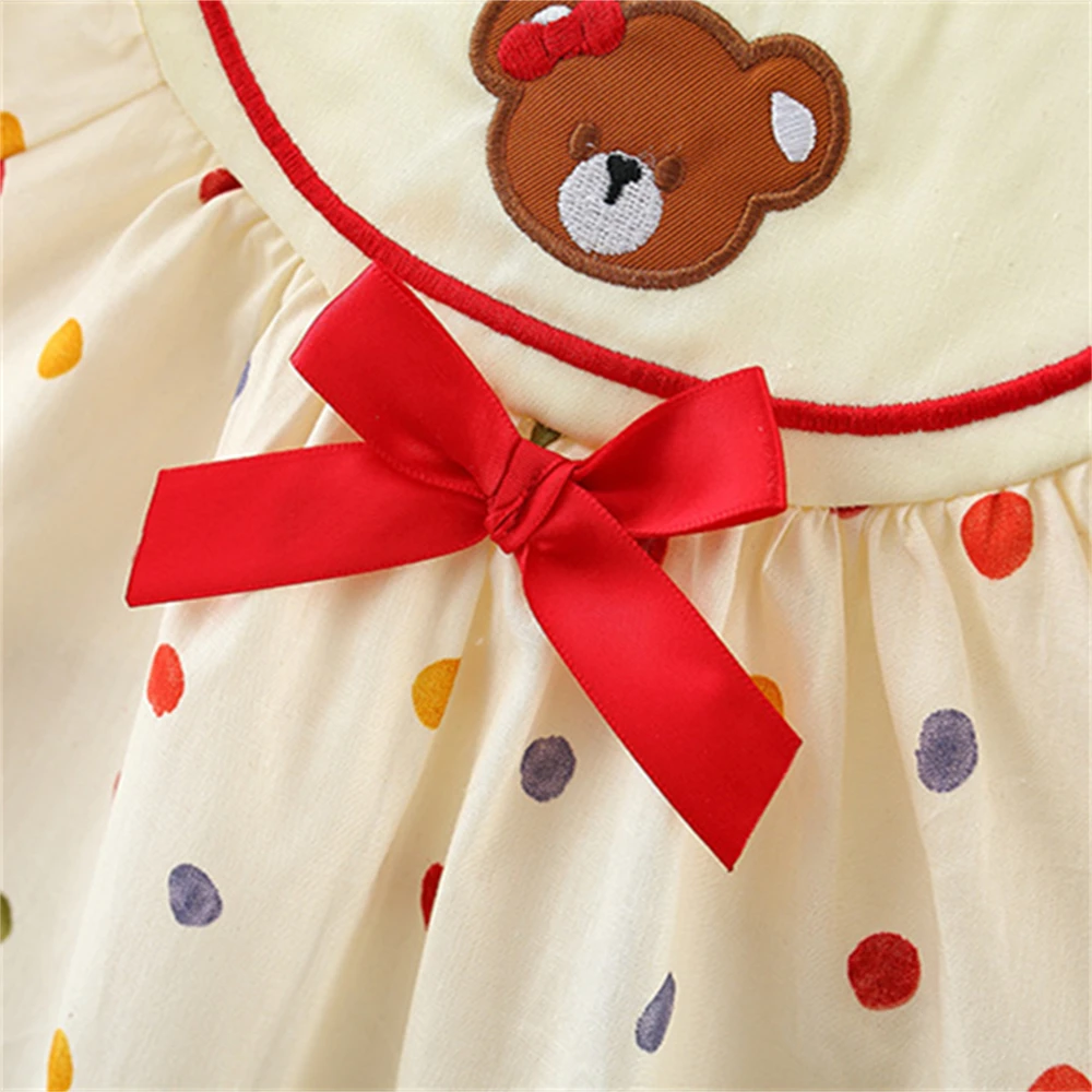 Summer Girls Dress Baby Girl Little Bear Embroidered Colorful Dot Print Little Flying Sleeves Princess Dress