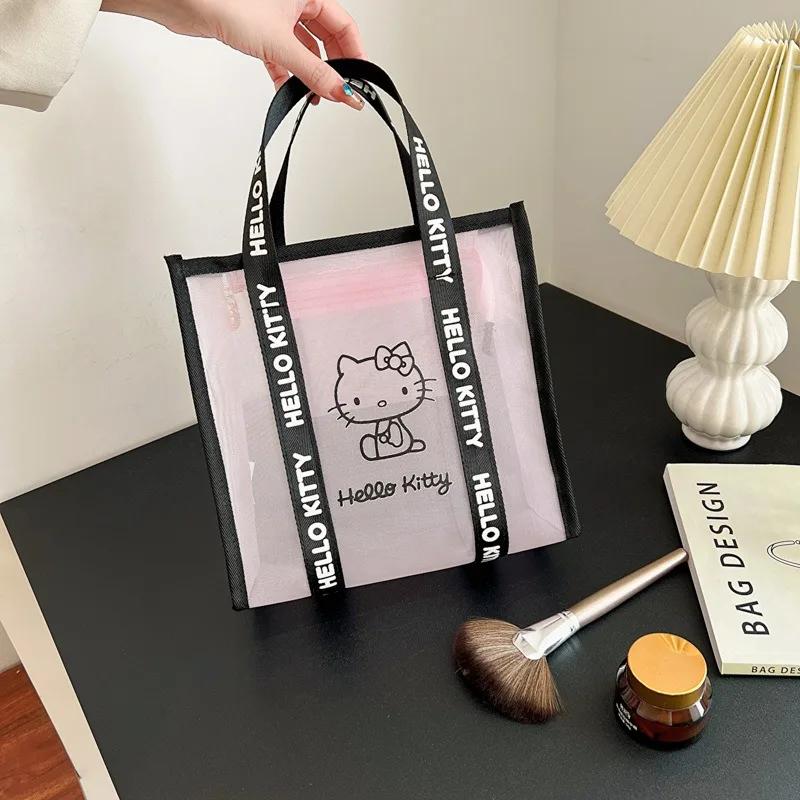 

Sanrio's Summer bags New Hello Kitty Mesh Transparent Openwork Cosmetic Bag Travel Bag Handbag