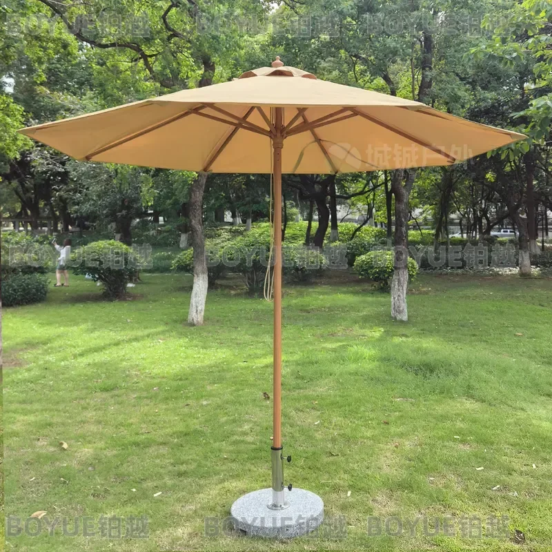 Aluminum Wood Grain Center Pole Umbrella 8 Ribs Windproof Dyed Woven Fabric Outdoor Patio Beach Cafe Parasol Custom Shade