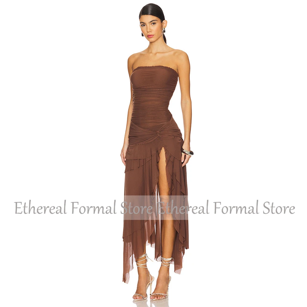 Brown Evening Dress Strapless Sleeveless Formal Tea Length Party Dress Trumpet Pleat Women's Evening Gown Short Prom Dress