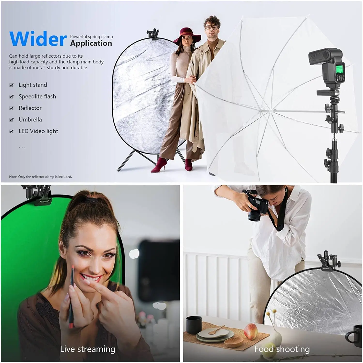 Neewer Photo Studio Soporte de abrazadera de metal resistente y adaptador de zapata fría para sujetar reflector o flash y paraguas