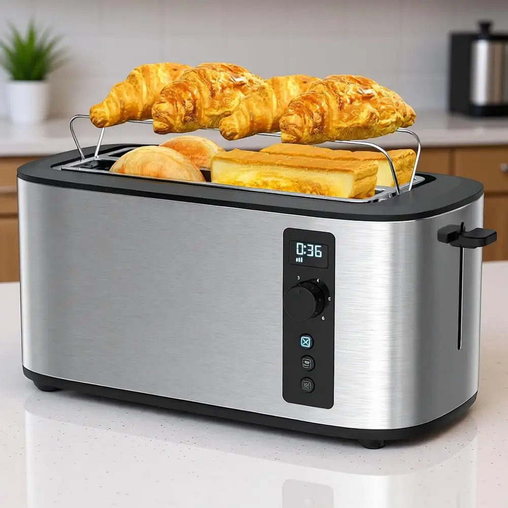 

Тостер на 4 ломтика с таймером обратного отсчета, сверхширокими слотами, 6 настройками, съемным лотком для крошек, нержавеющая сталь