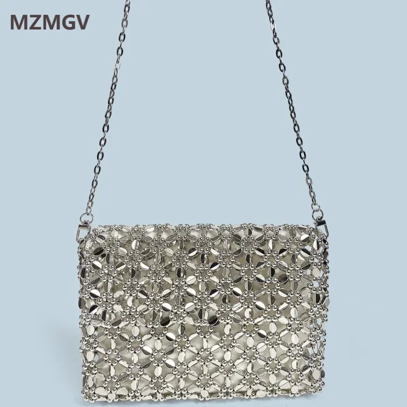 

Fashion Y2K Silver Metal Acrylic Flower Beaded Crossbody Bag Hollow Out Design Hand-made Square Party Wedding Evening Clutches