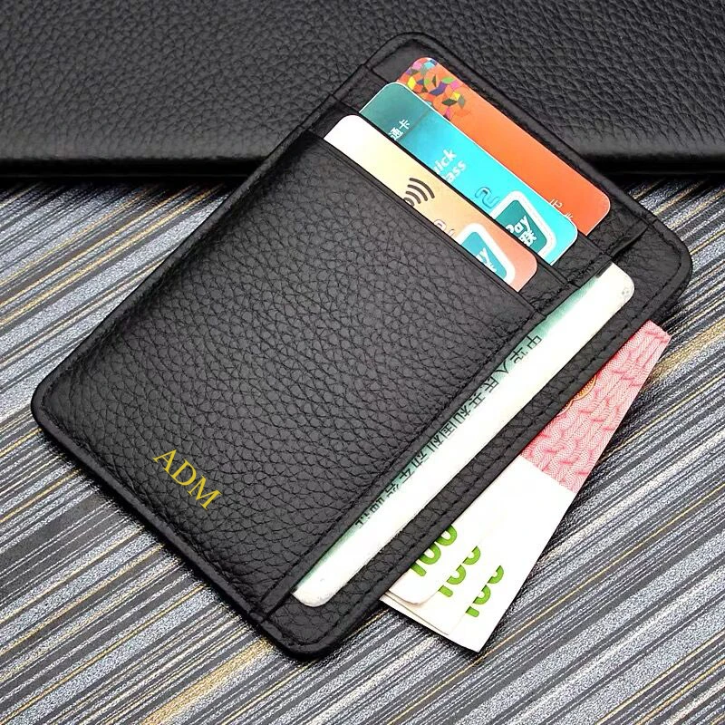 Cowhide Genuine Leather Credit Card Holder Pebble Grain Candy Color Coin Purse Multi Slot Slim Card Case Custom NAME