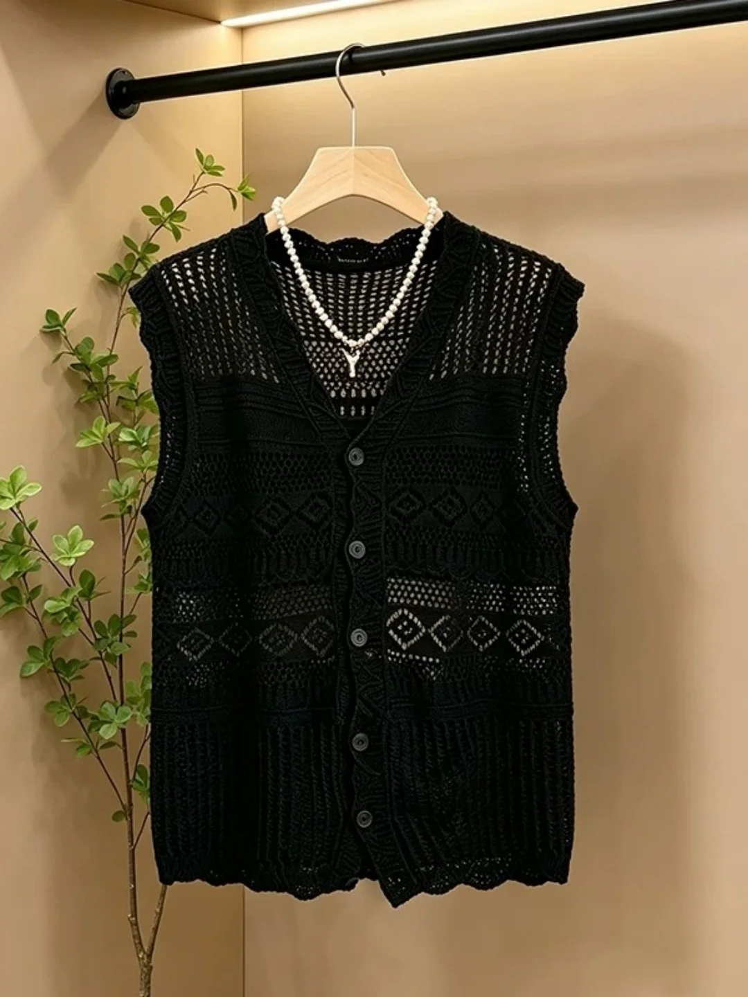 Casual Style Open Cardigan Knitted Hollow out Loose Fit Sleeveless V-Neck plus Size Slimming Layering Tank Top Cover up
