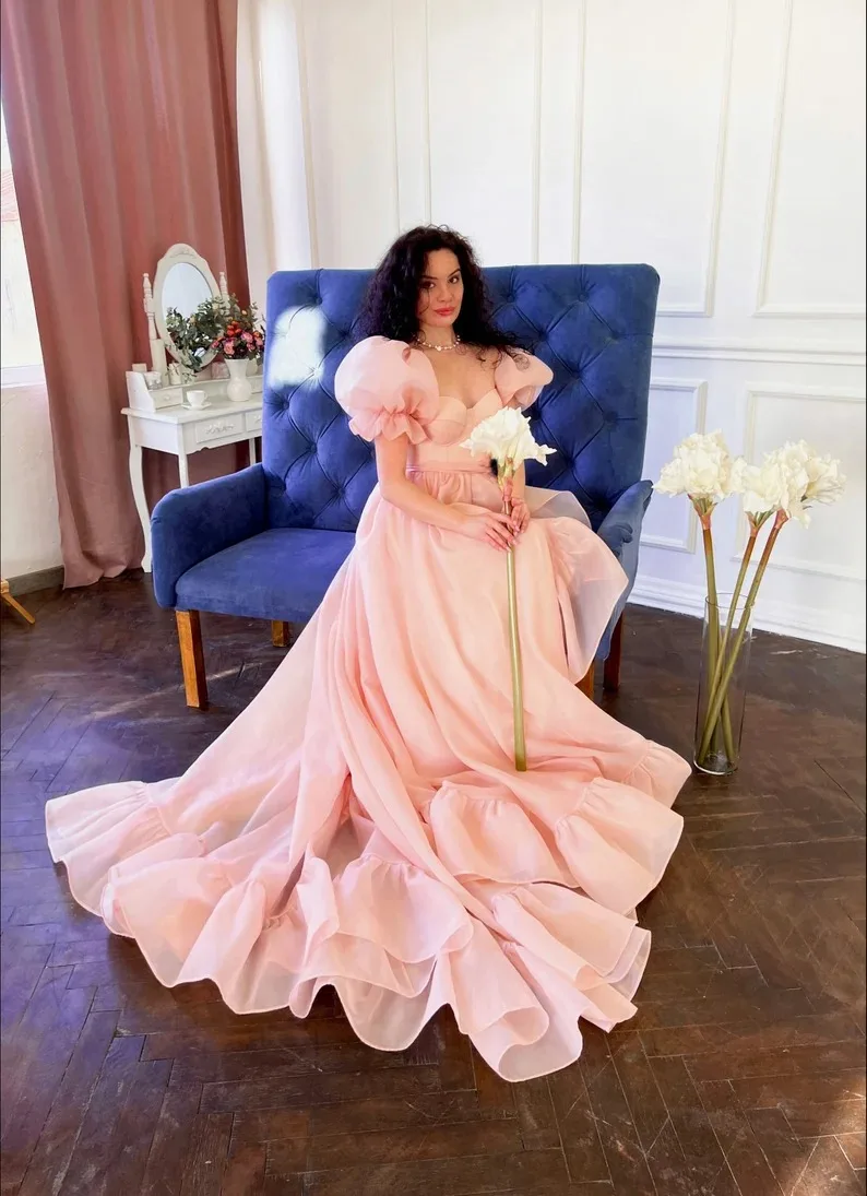 Mila Puff Sleeve Prom Dresses Princess Customized A-Line Luxurious Pink Evening  Dresses Cathedral Train vestidos de fiesta 2025