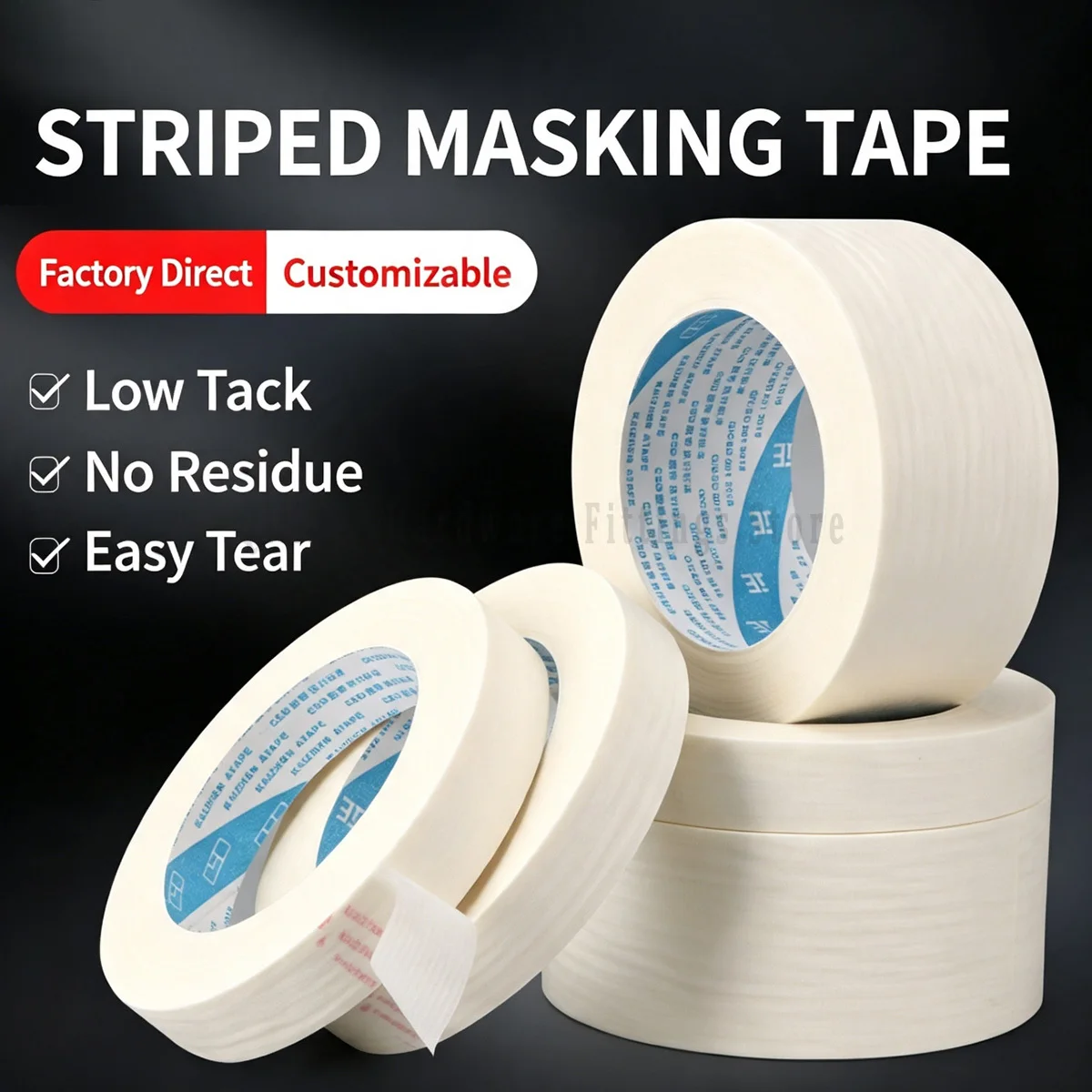 Low Tack Striped Masking Tape White Crepe Paper No Residue for Wall Decoration Painting Color Separation Protection