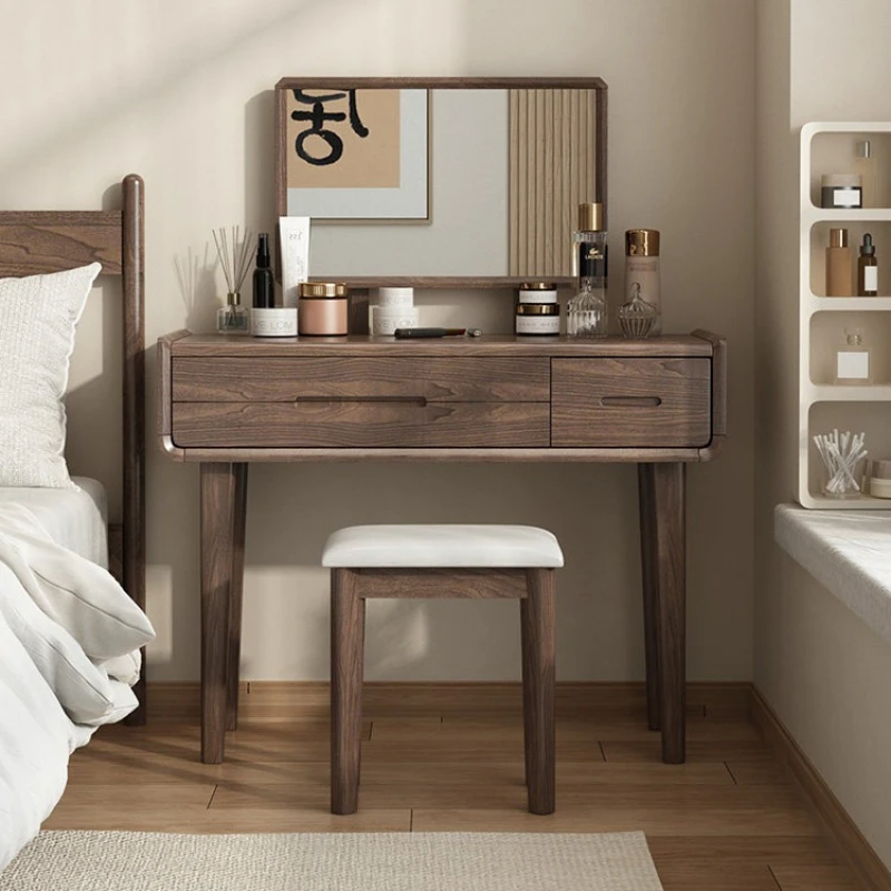 

Nordic wooden makeup table walnut simple space saving dressing table vintage style toucador de maquiagem com espelho furniture