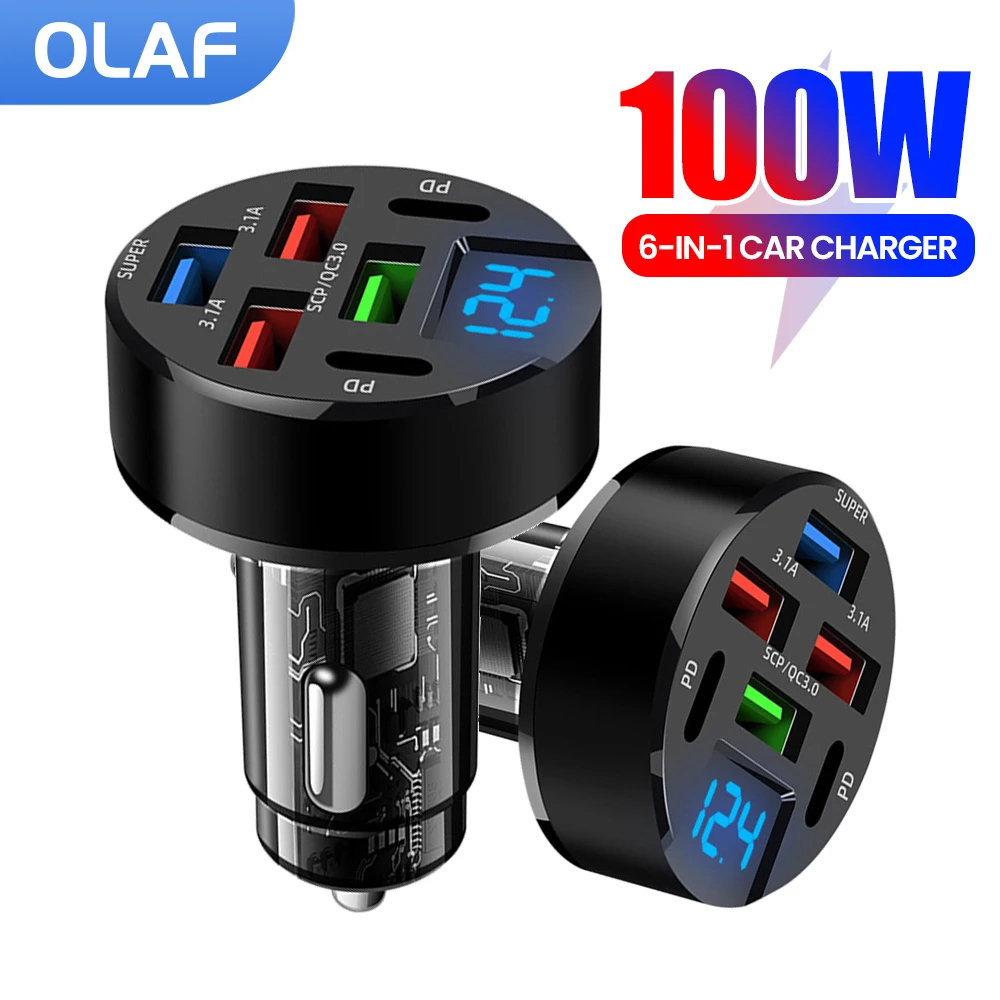 

6 портов, 100 Вт, автомобильное зарядное устройство, быстрая зарядка PD QC3.0, цифровой дисплей, автомобильное зарядное устройство для телефона, адаптер для iPhone, Samsung, Huawei, Xiaomi