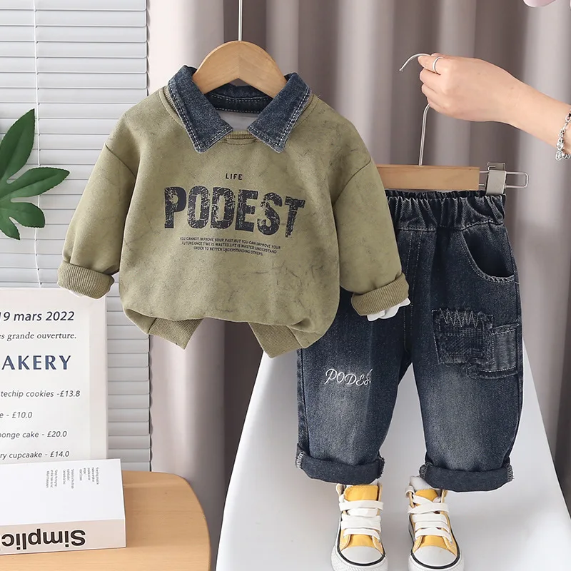 2026-new-comfortable-kids-2pcs-clothing-sets-boys-fake-denim-collar-sweatshirt-jeans-toddler-versatile-outfit-children-clothes
