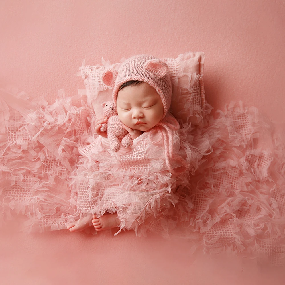 Accessoires de Prise de Vue pour Bébé, en Coton, Ours Rond, Chapeau à Beurre, Oreiller en Dentelle, Accessoires de Photographie, Thème Rose pour Studio Photo