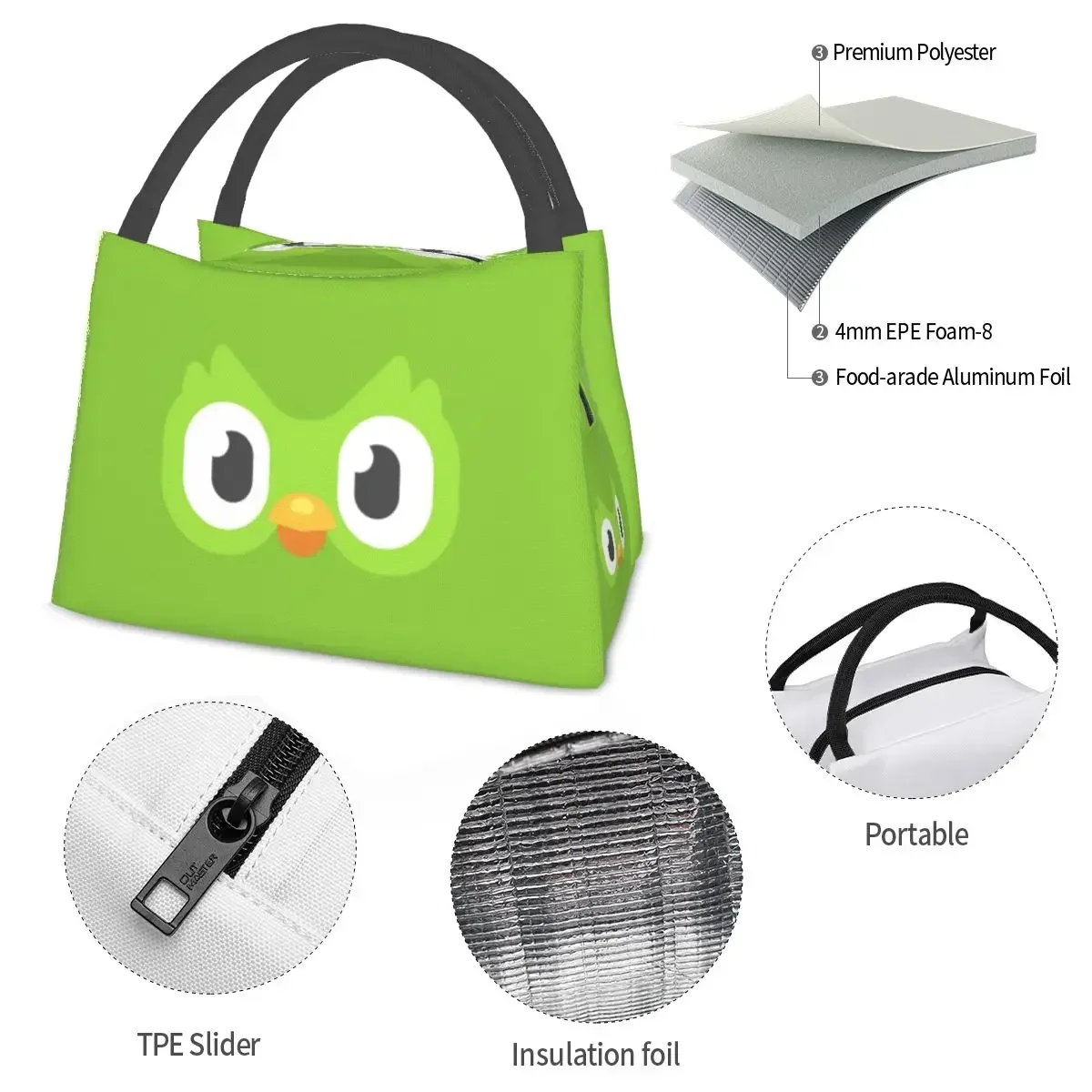 Duolingo Owl Duo 2 Lunch Bags Insulated Bento Box Waterproof Lunch Tote Picnic Bags Cooler Thermal Bag for Woman Student Office