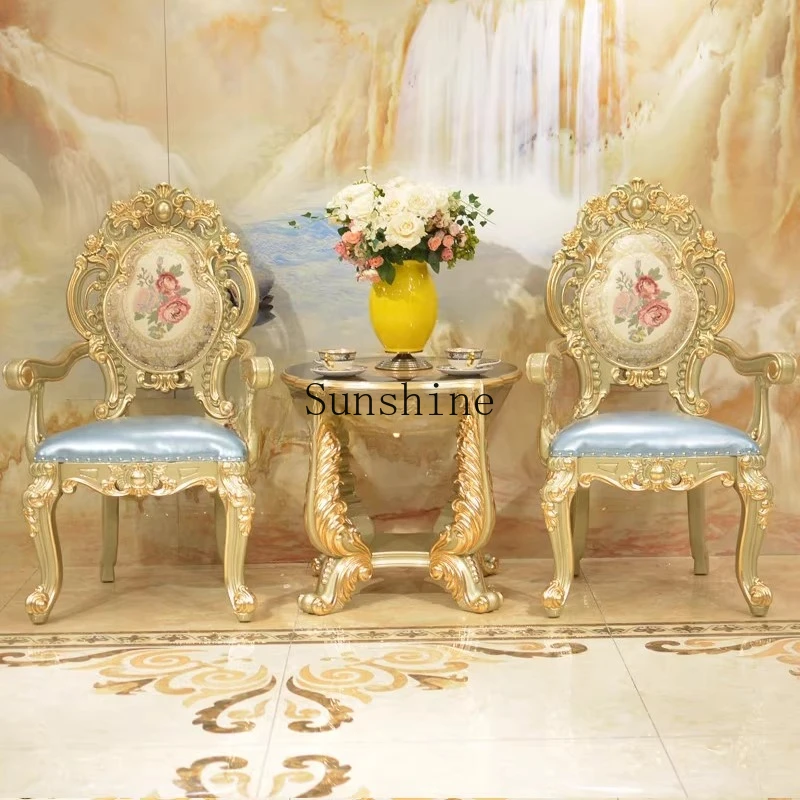 

European all solid wood carving flower living room combination leisure chair three-piece set