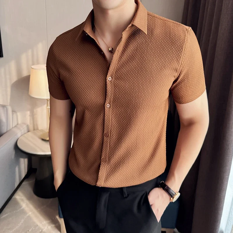 Men Waffle Shirt Short Sleeved 2024 Summer New British Style Business Non Ironing Solid Color Casual Slim Fit Shirt Men Clothing