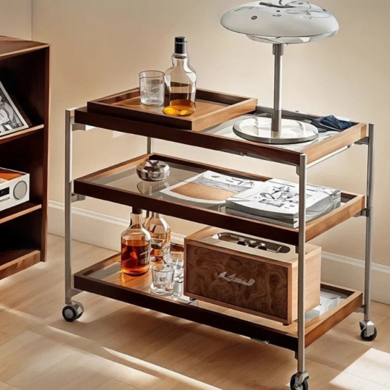Scandinavian Minimalist Bedside Corner Table Retro Rolling Cart Mobile Coffee Table with Wheels for Bedroom Living Room