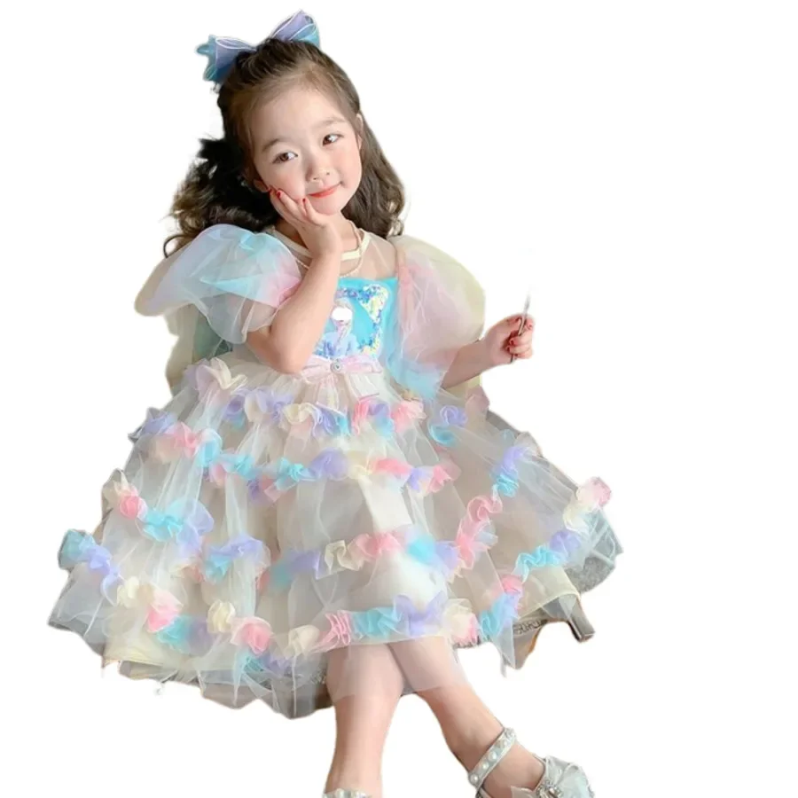 

SUMMER Rainbow Tutu Lace Floral Dress Lolita Child Girls Casual Midi Dress Children Dresses For Teens Party Princess Sundress