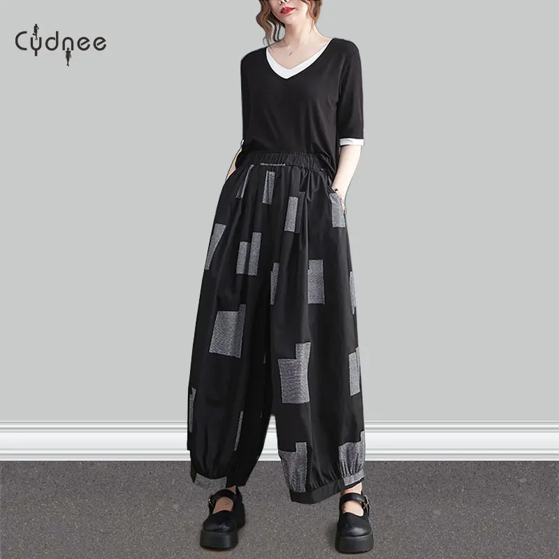 Dames casual geruite elastische taille culottes vintage linnen bloeiers wijde broek