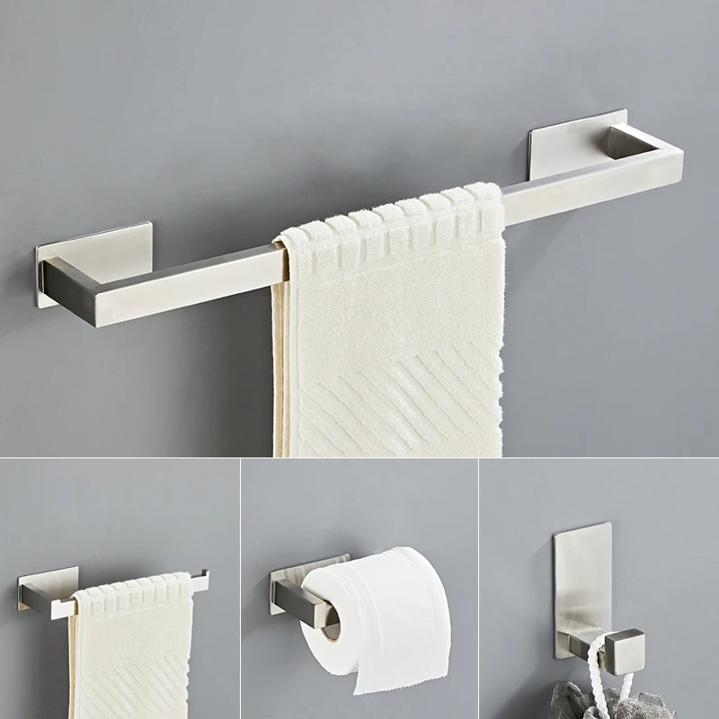 Self-adhesive Silver Bathroom Hardware Accessories Set Stainless Steel Toilet Paper Holder Towel Bar Hook Bathroom Accessories