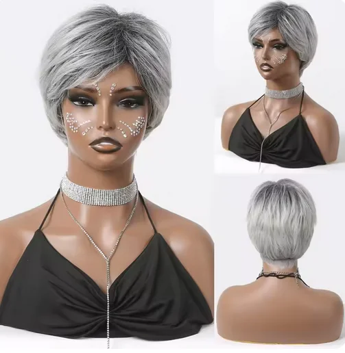 Gray Short Pixie Cut Synthetic Wig Layered Straight Wigs with Bangs for Black Women High Temperature Daily Wig