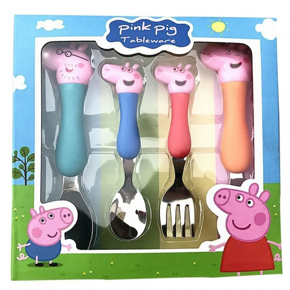 Peppa Pig Cartoon Cutlery Set Stainless Steel Spoon Fork George Pig Dad Mom Tableware Anime Doll Dinnerware Dinner Set for Kids