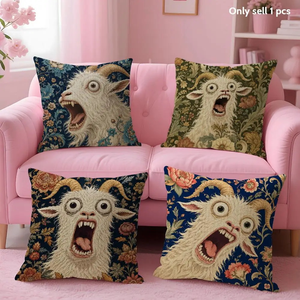 Funny Screaming Goat Cushion Cover Linen Organic Fabric Double-Sided Printing Sofa Breathable Home Decor Gift Pillow Case