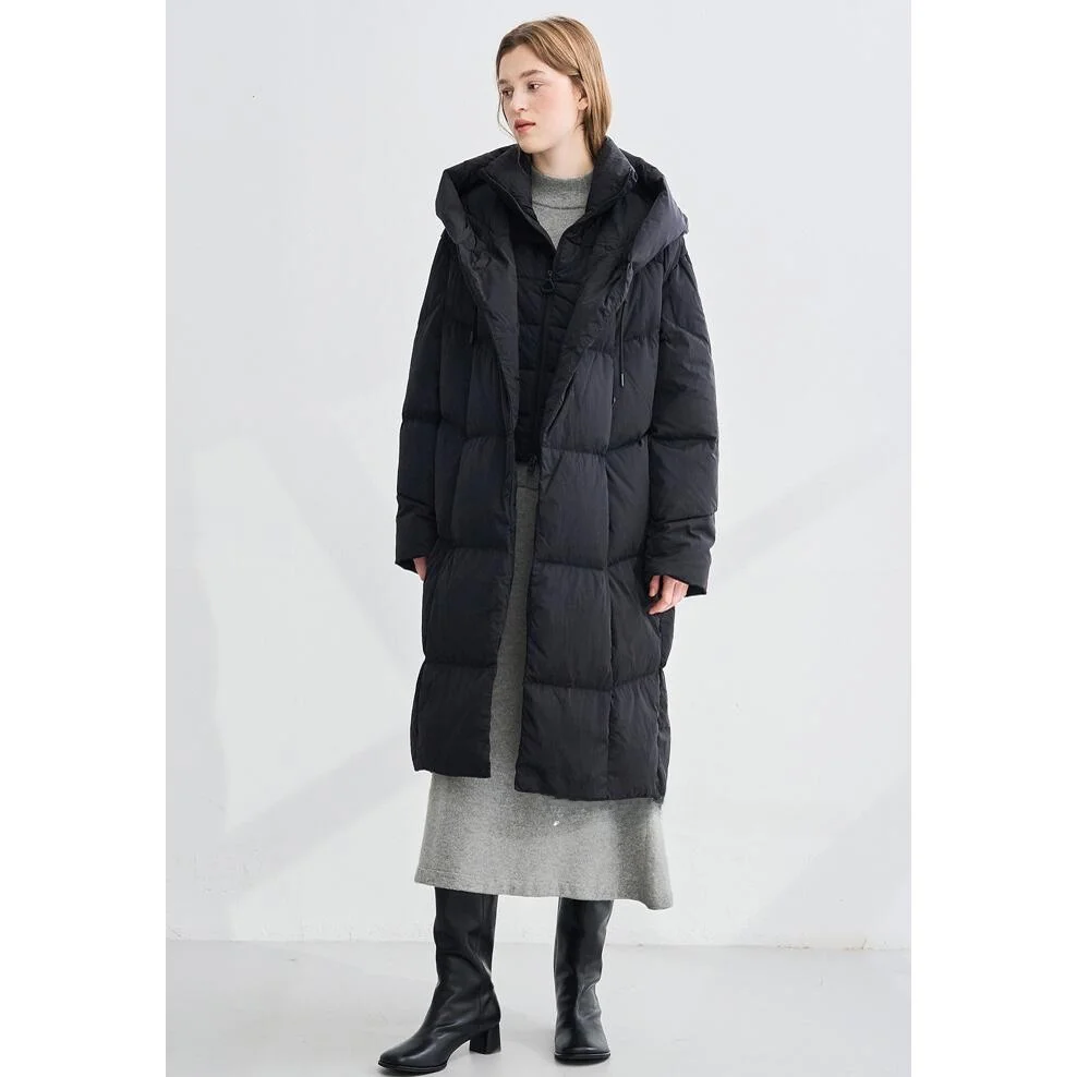 超保温グースダウンパーカーコート通勤スタイルフード付きパファージャケット厚手長袖ミドル丈無地QPPブランド