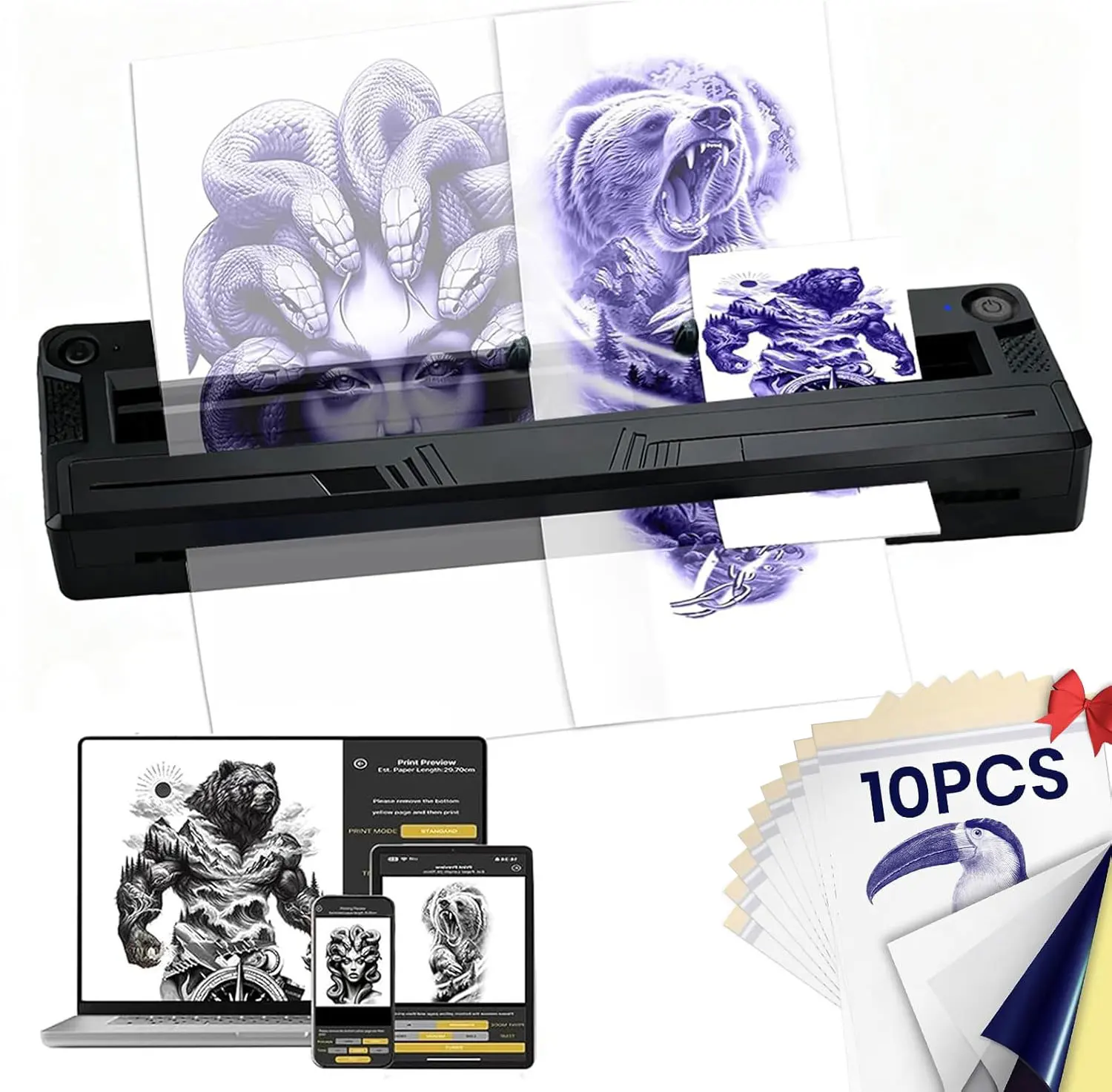 

Tattoo Stencil Printer Wireless Bluetooth Thermal Transfer Printer with 10pcs Tattoo Paper Compatible with Phone/Tablet/PC