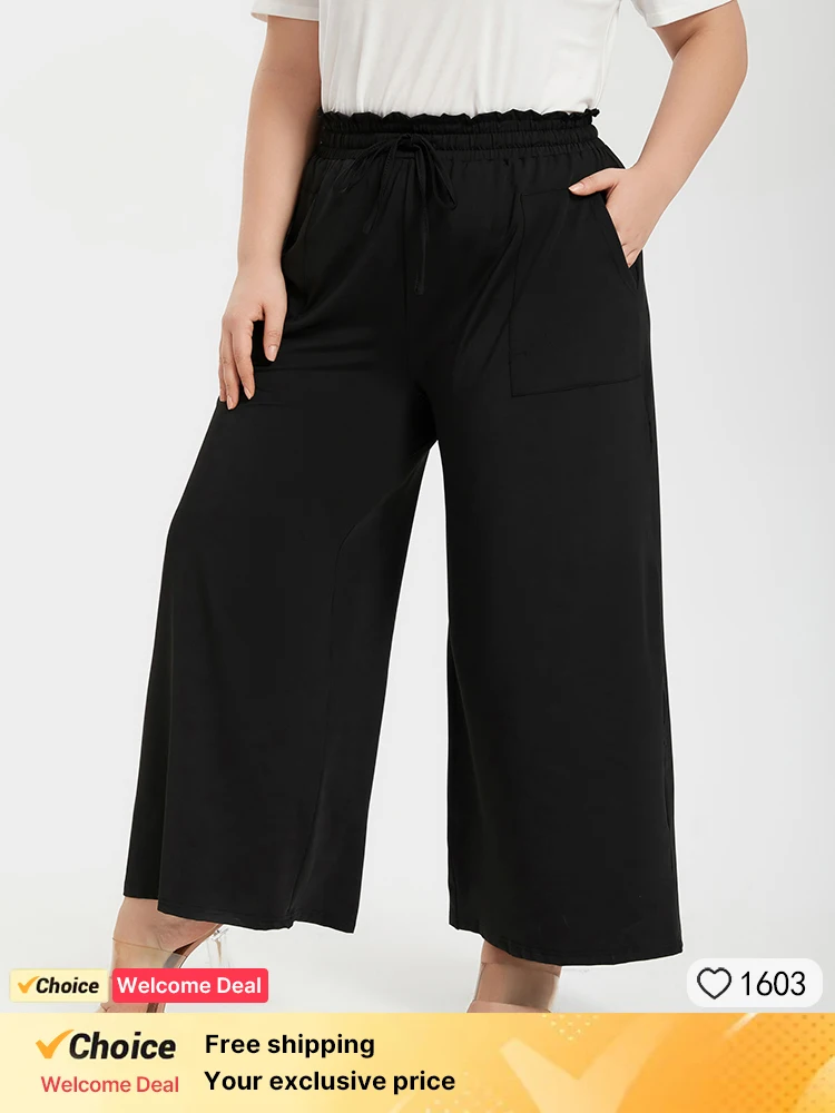 

Plus Sized Clothing Women Pants Plain Paperbag High Waist Loose Work Drawstring Pocket Wide Leg Pants For Summer Autumn