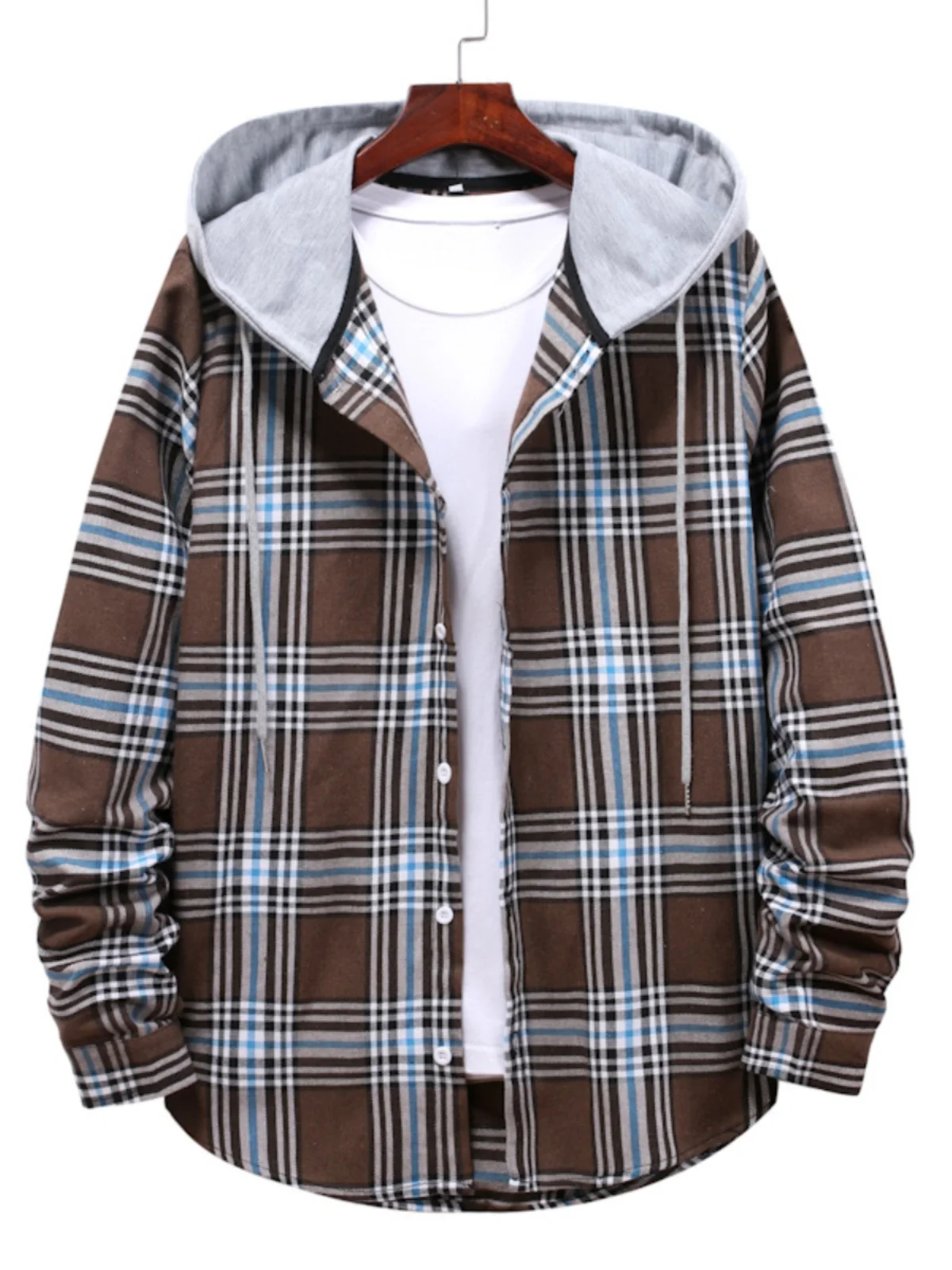

Casual Plaid Hooded Long Sve Jaet Youth Faion Spring Autumn Winter Print Loose Fit Outerwear for Men Big Size