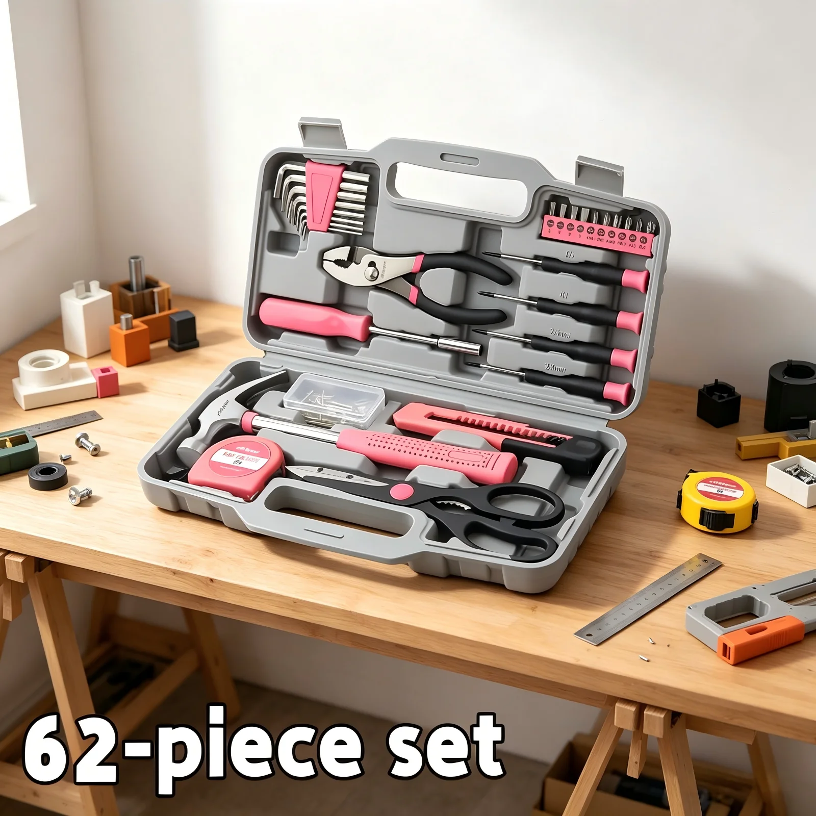 62pcs Toolbox with Hammer Pliers Wrenches Screws, Home Repair Kit, Portable Multi-Tool Set for Men Women,Father’s Day Halloween