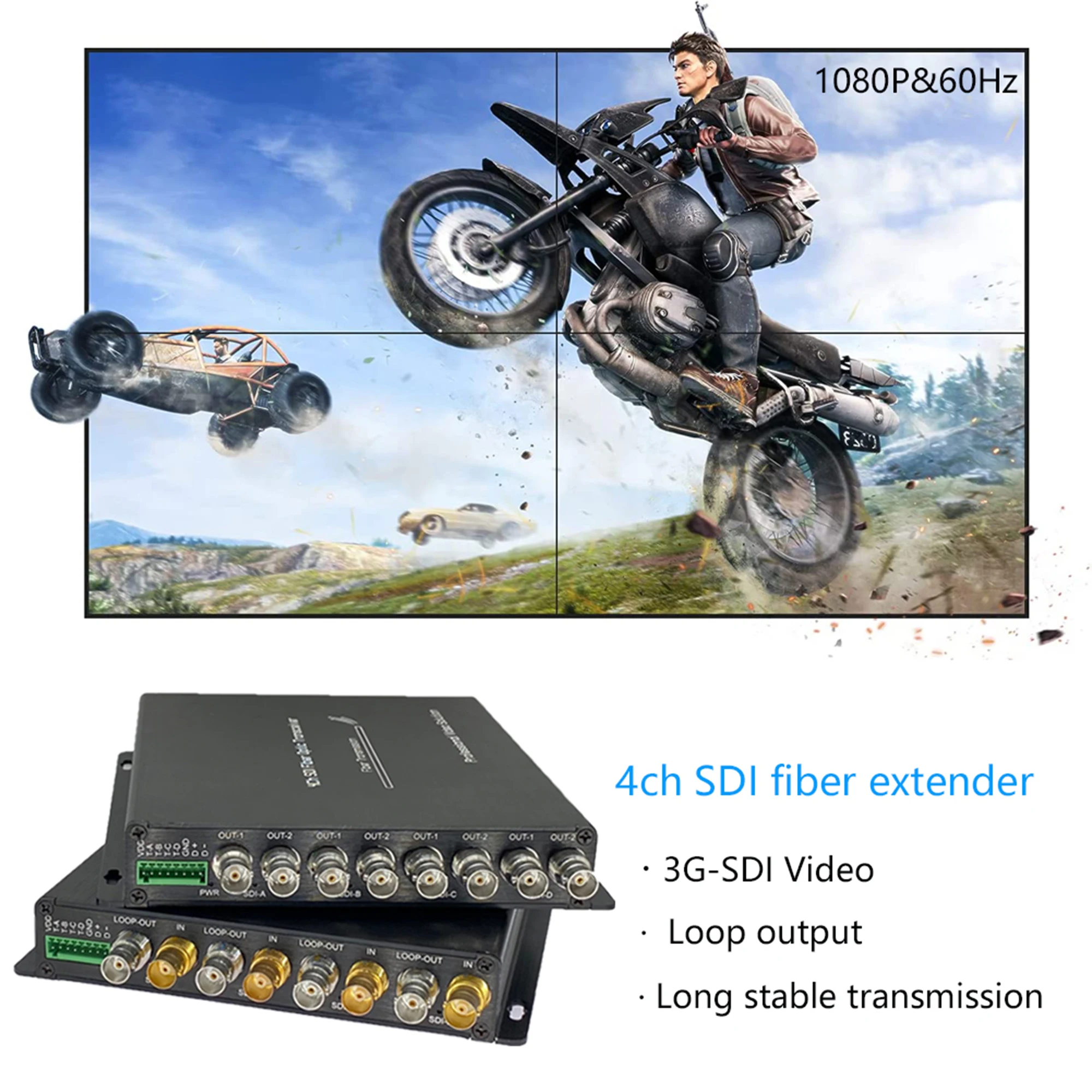 4CH SDI Fiber Optical Transceiver With Loop Output Record RS485 HD/3G-SDI Over Single Fiber Converter Optical Extender Mode 20km