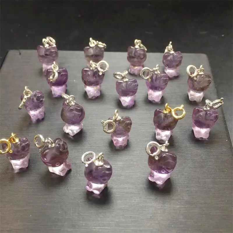 S925 Natural Amethyst Cat Pendant Crystal Carving Polishing Mature Charm Jewelry Birthday Present Holiday Gift 2PCS