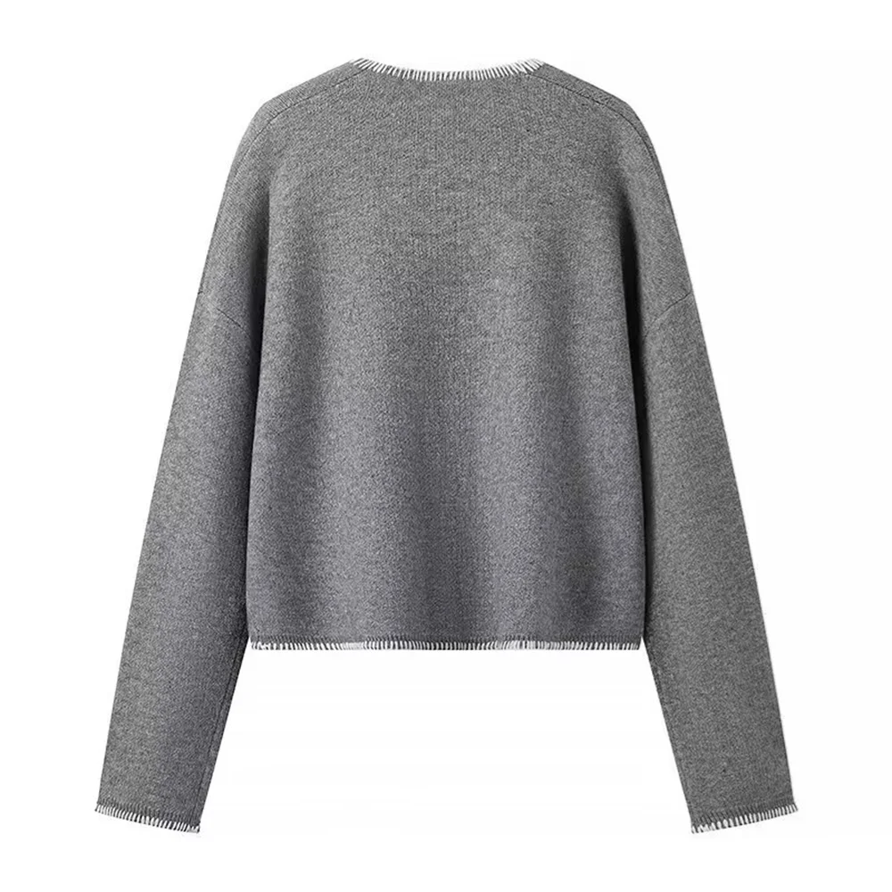 PB & ZA2024 autunno nuovo stile moda donna sciolto tasca colore contrasto filo luminoso Design maglione lavorato a maglia