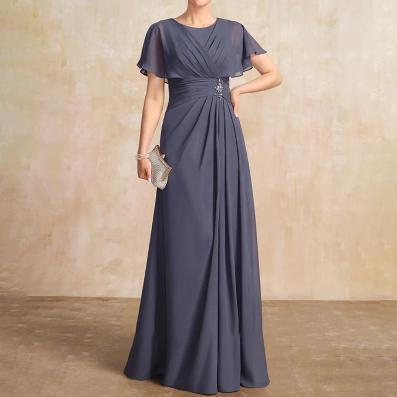 Long Beads Mother of the Bride Dress Chiffon O-Neck Floor-Length A-Line Wedding Guest Party for Women 2023 Formal Evening New