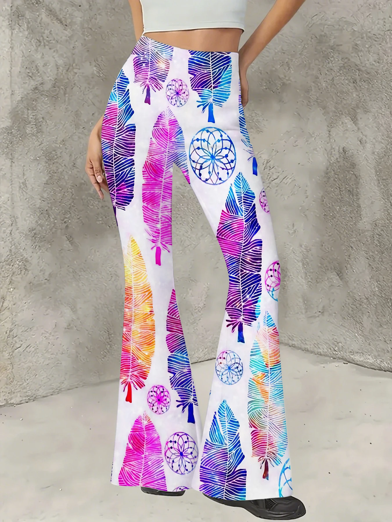 

Korean Style Printed Flare Pants Women High Waist Slim Fit Bell Bottom Leggings