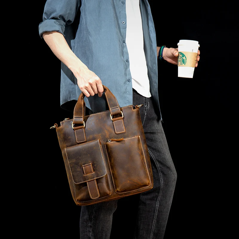 Crazy Horse Leather Handbag Leather Men's Bag Casual Leather Briefcase Retro Handmade Shoulder Crossbody Bag view 6