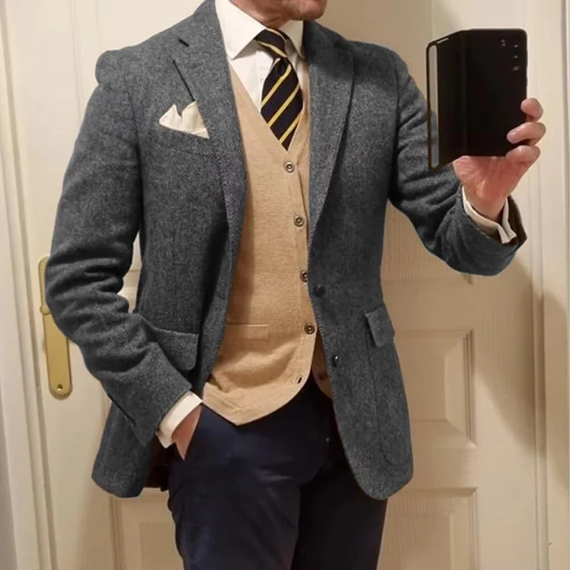 Men's Blazer Herringbone Single Breasted Casual Elegant Man Suit Jackets Coat High Quality Men's Stage Clothing Male Clothes