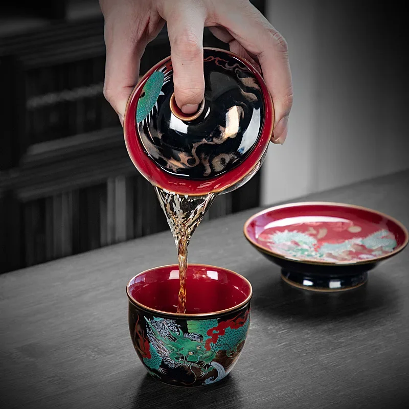 Chinese Green Dragon Gaiwan Wired Enamel Ceramic Jucai Tea Bowl Vintage Palace Style Kung Fu Tea Set Luxurious Business Gifts