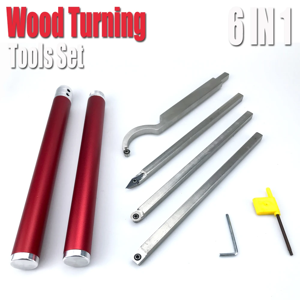 6 In 1 Wood Turning Tool Set Carbide Chisel Inserts Cutter Stainless Steel Connection Head and Tail Plug Aluminum Alloy Handle