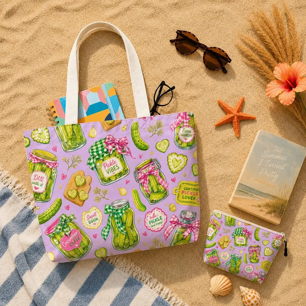 Pickle Lover Storage Bags 2-Piece Set Double-Sided Printed Canvas Tote Bags with Zipper Shopping Shoulder Handbags