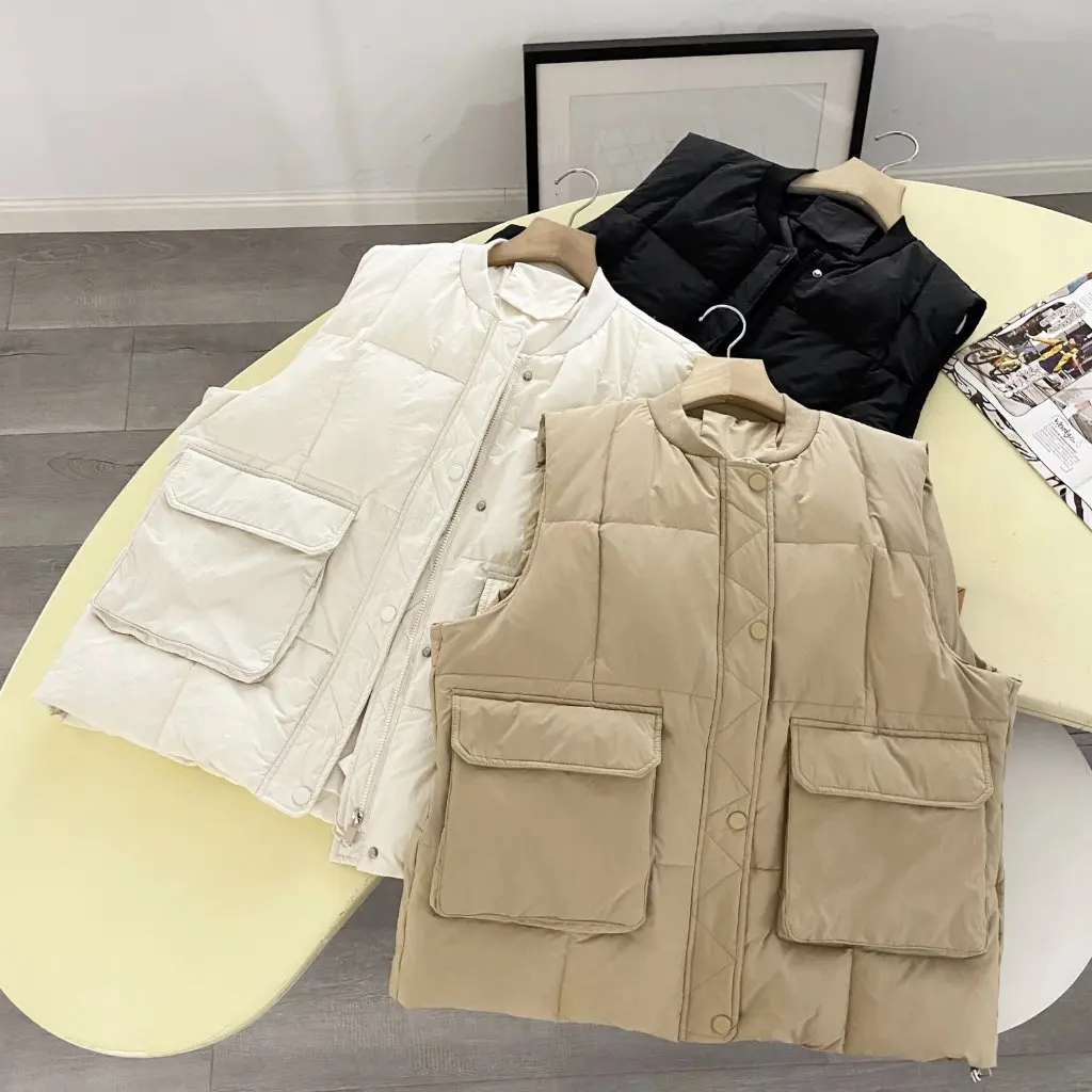 

Корейский женский хлопковый жилет A1LPH-772, однотонный, с двойными карманами, повседневный нейтральный стиль на осень-зиму, оптовая продажа