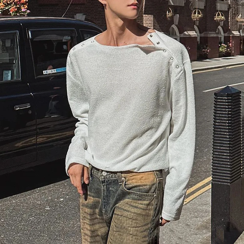 Mens T-Shirts Off-Shoulder Casual T-Shirts Autumn Streetwear Fashion Breathable Personality Long-Sleeve Tops Men'S Clothing 2024