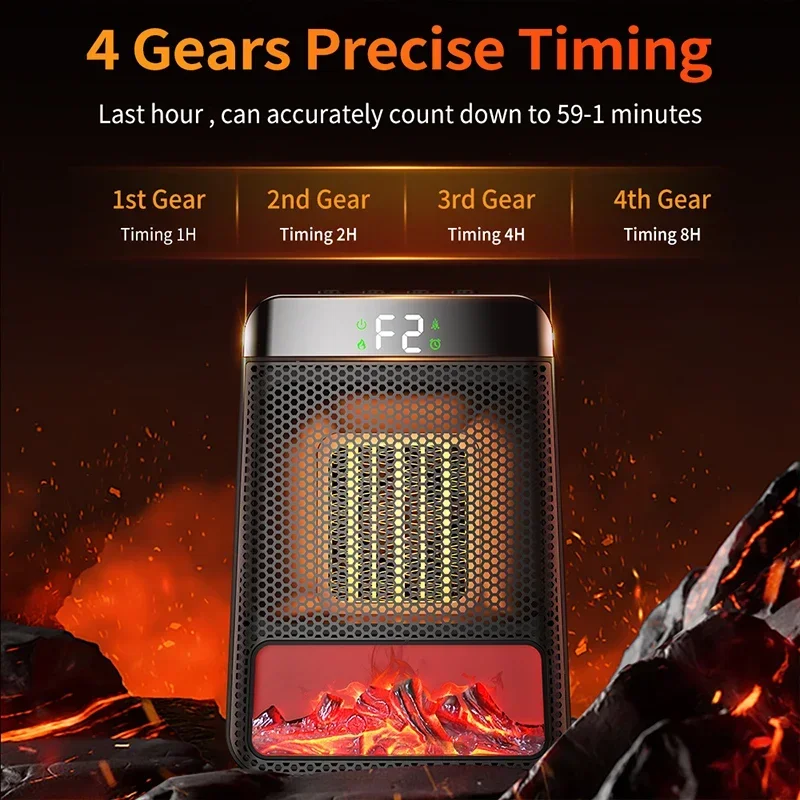 Calentador de chimenea eléctrico llama 3D PTC cerámica calentamiento rápido ahorro de energía temporizador silencioso para decoración de oficina en casa