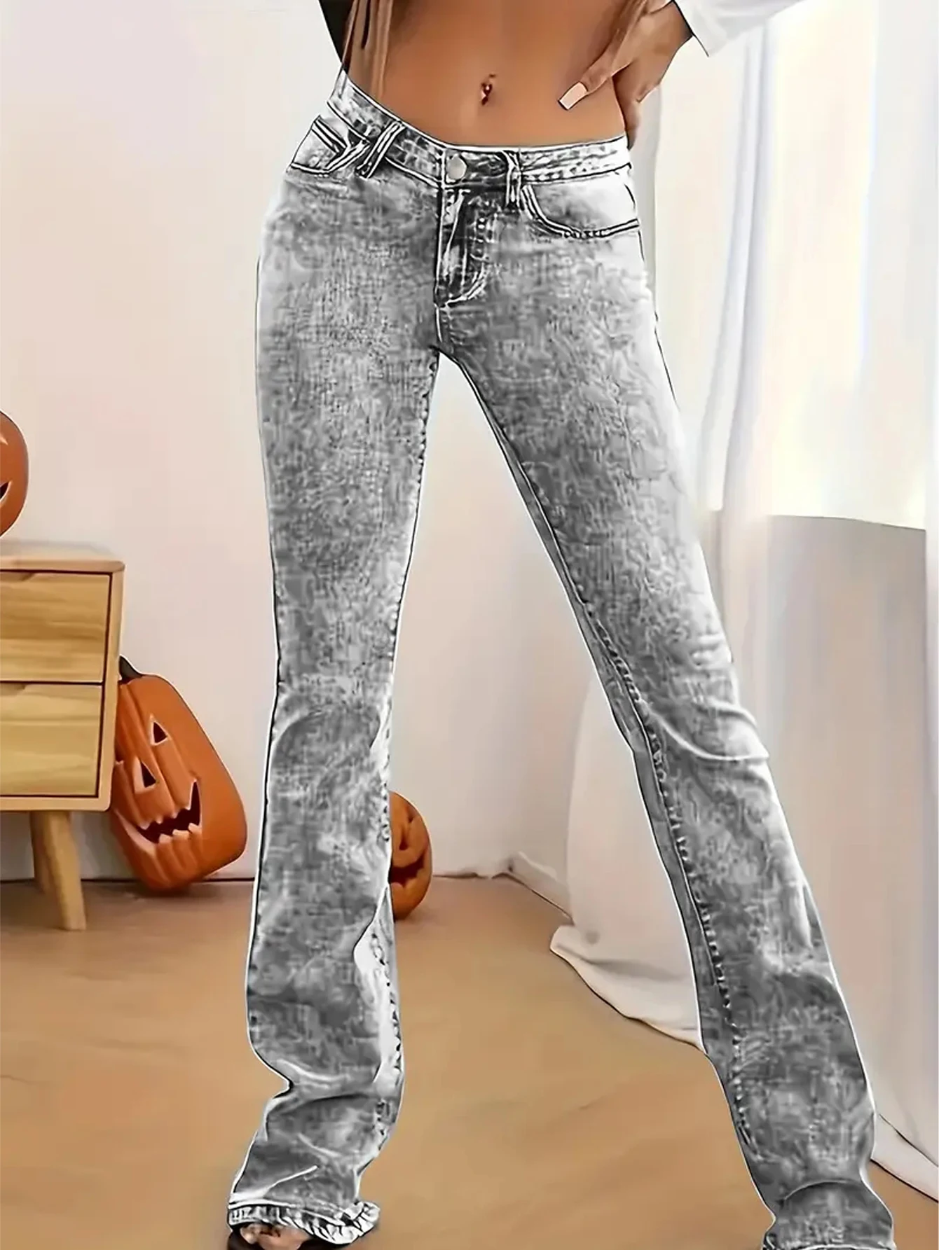 Women's Fashion Grey Jeans Stretch Simple Casual Versatile Flare Trousers Slim Skinny Washed Button Up Denim Pants Streetwear