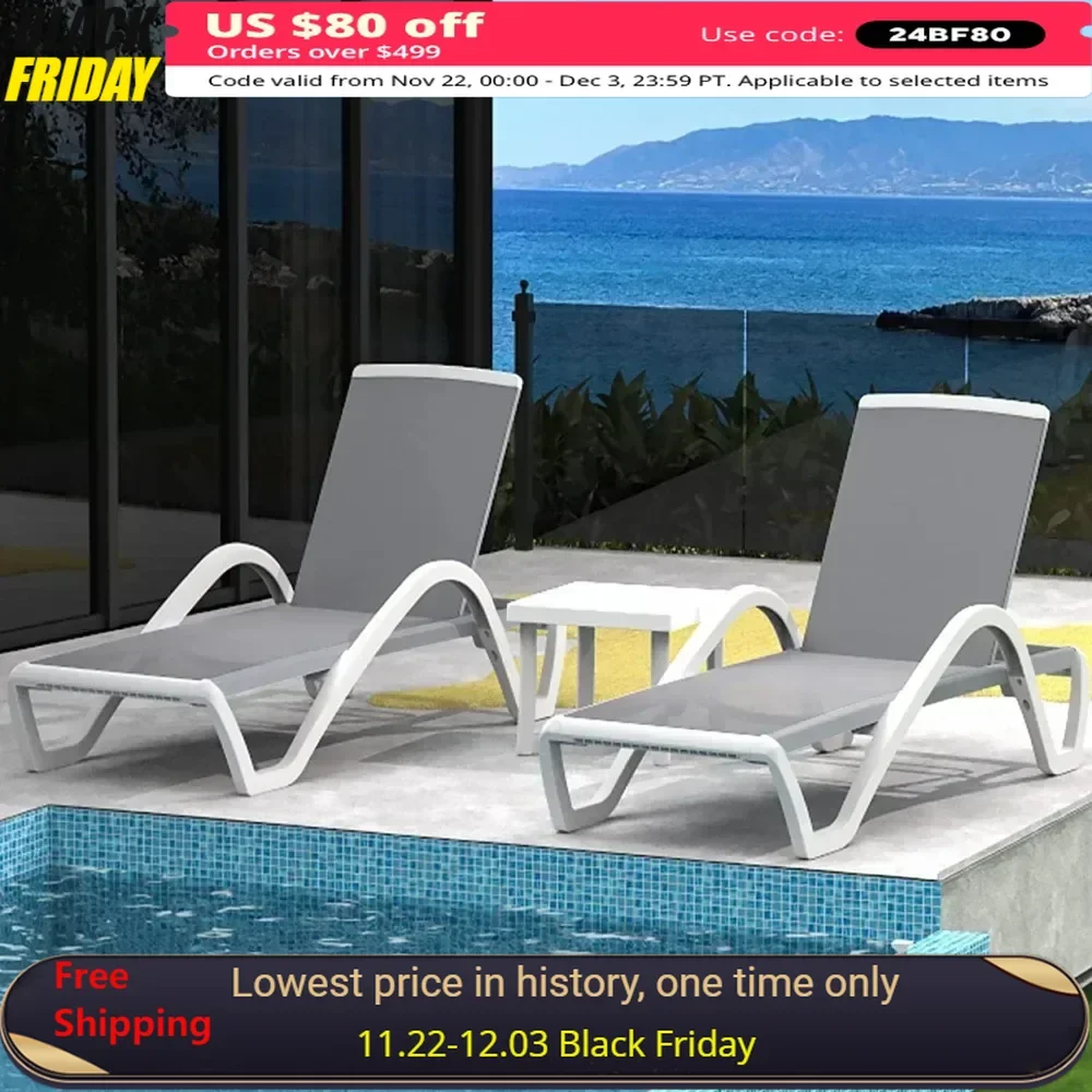 Beach Chairs, Outdoor Aluminum Polypropylene Sunbathing Chair with Adjustable Backresard, 2 Gray Chairs W/Table Beach Chairs