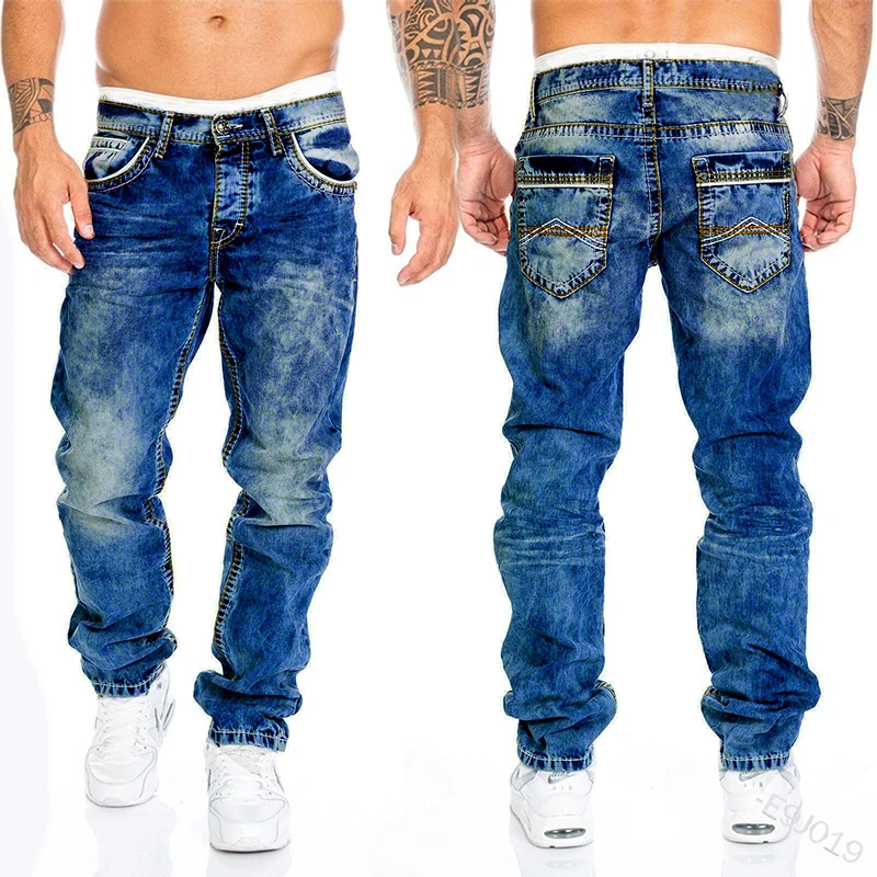 High Street Fashion Men Straight Leg Jeans Boyfriend Luxury Baggy Cacual Long Denim Trousers Streetwear Vintage Wash Denim Pants